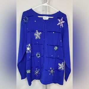 NWT Quaker Factory Beaded Winter Snowflake Blue Cardigan Sweater Plus size 1X